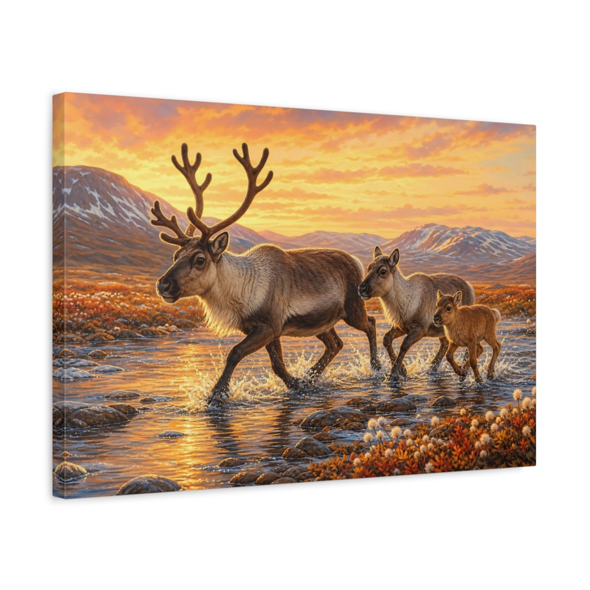 Side Mockup 3. Animals Reindeer Family Reindeer Family Sunset shown as canvas print