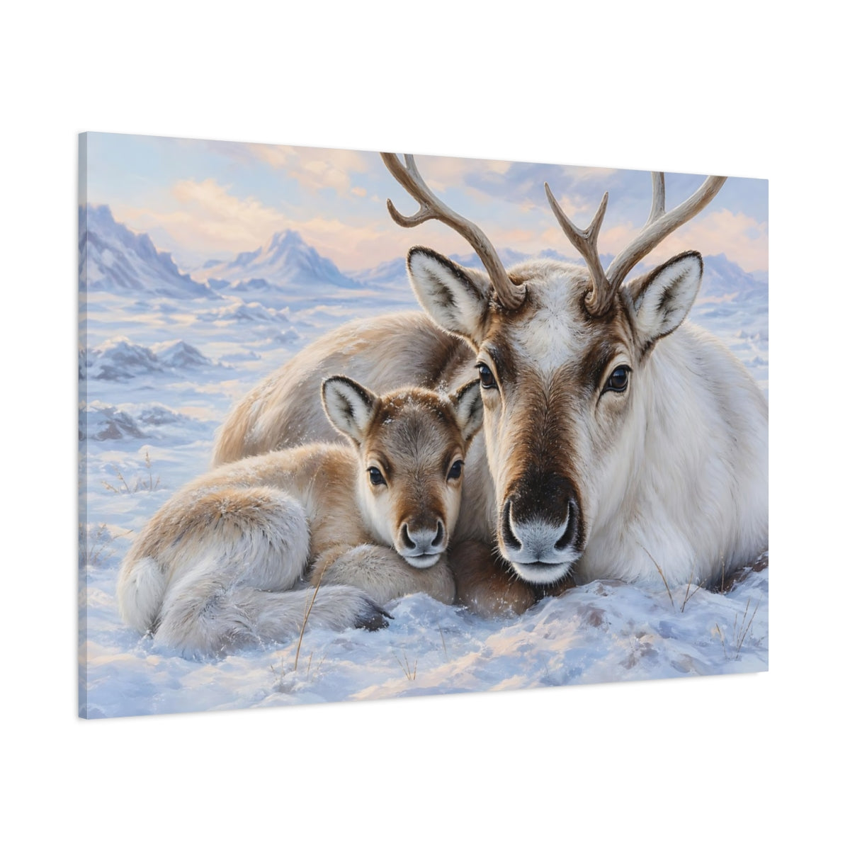 Side Mockup 1. Animals Reindeer Family Winter Reindeer shown as stretched canvas wall art