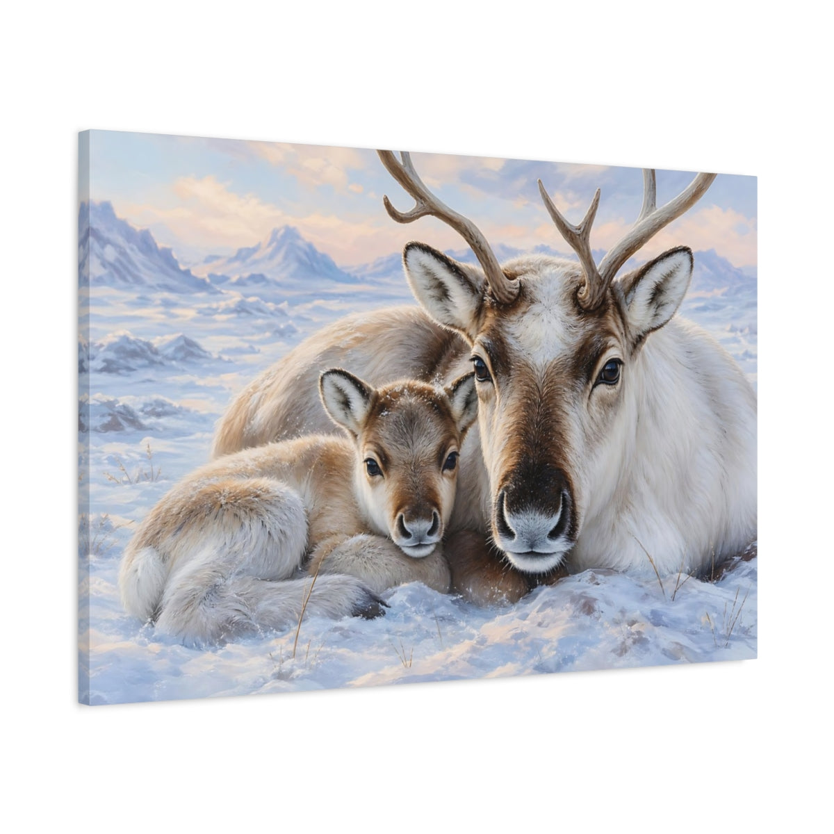 Main Mockup. Animals Reindeer Family Winter Reindeer shown as stretched canvas wall art