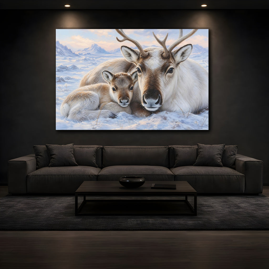 Mockup 3. Animals Reindeer Family Winter Reindeer shown as stretched canvas wall art