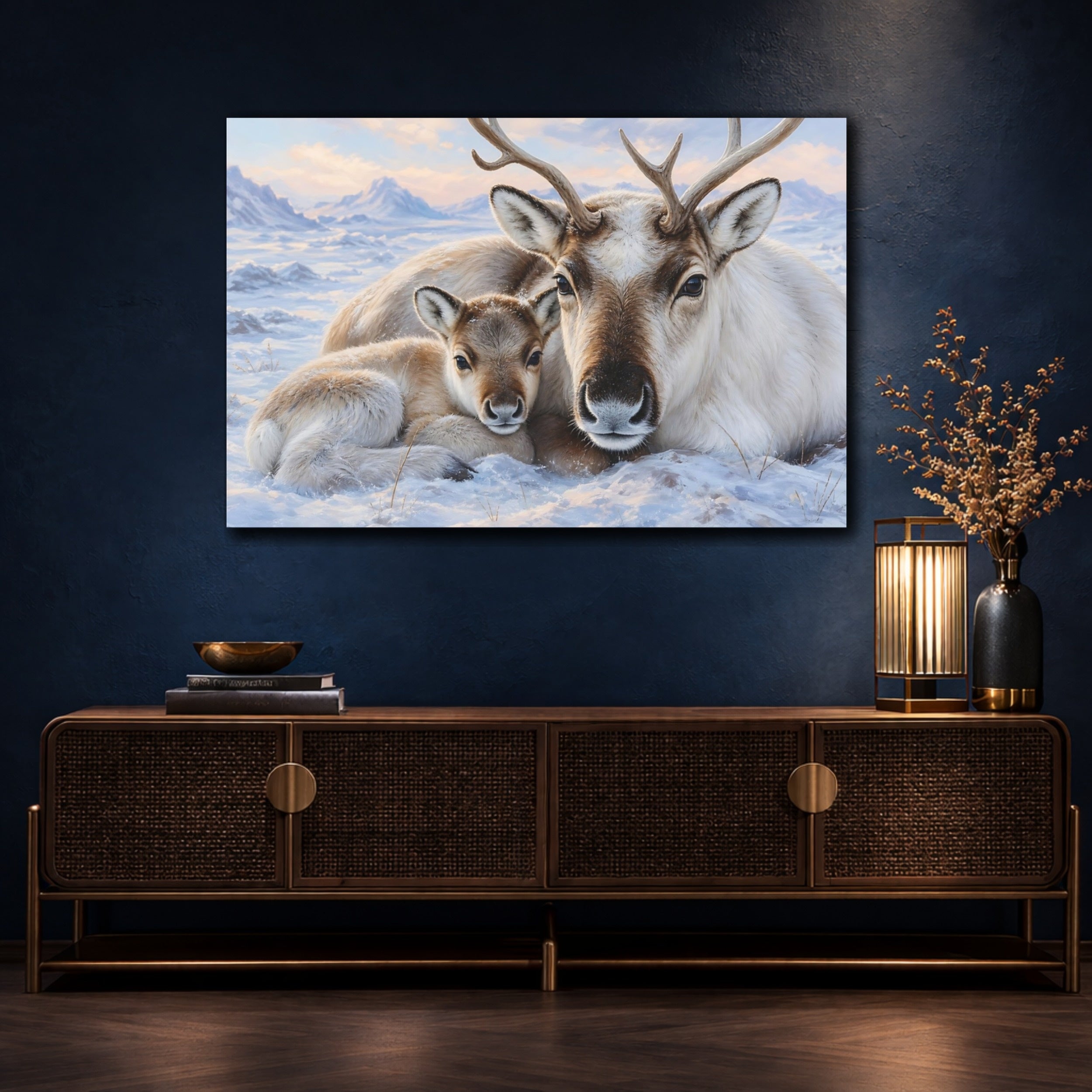 Mockup 4. Animals Reindeer Family Winter Reindeer shown as stretched canvas wall art