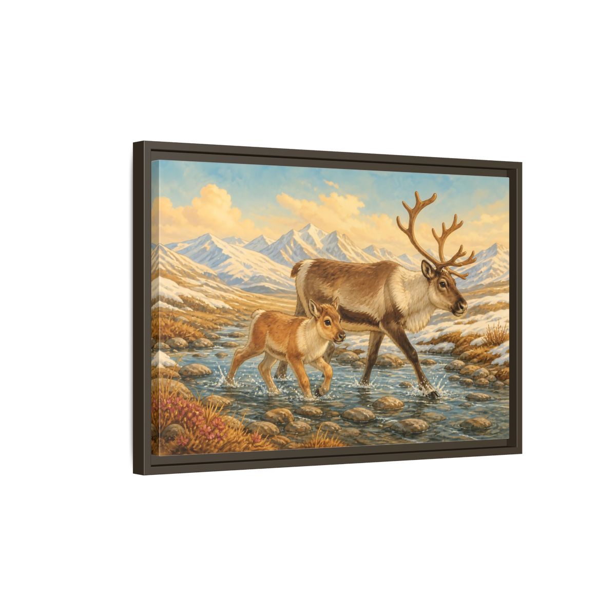 Side Mockup 2. Animals Reindeer Fawn Brown Reindeer shown as stretched canvas wall art