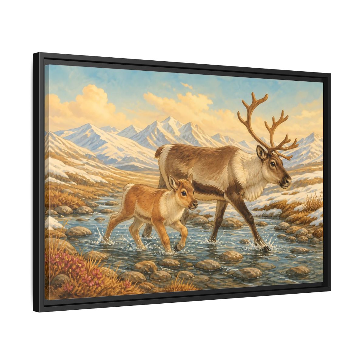 Side Mockup 14. Animals Reindeer Fawn Brown Reindeer shown as stretched canvas wall art