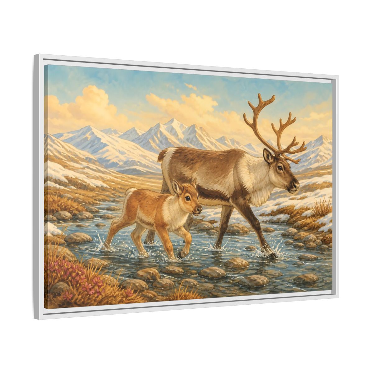 Side Mockup 9. Animals Reindeer Fawn Brown Reindeer shown as stretched canvas wall art