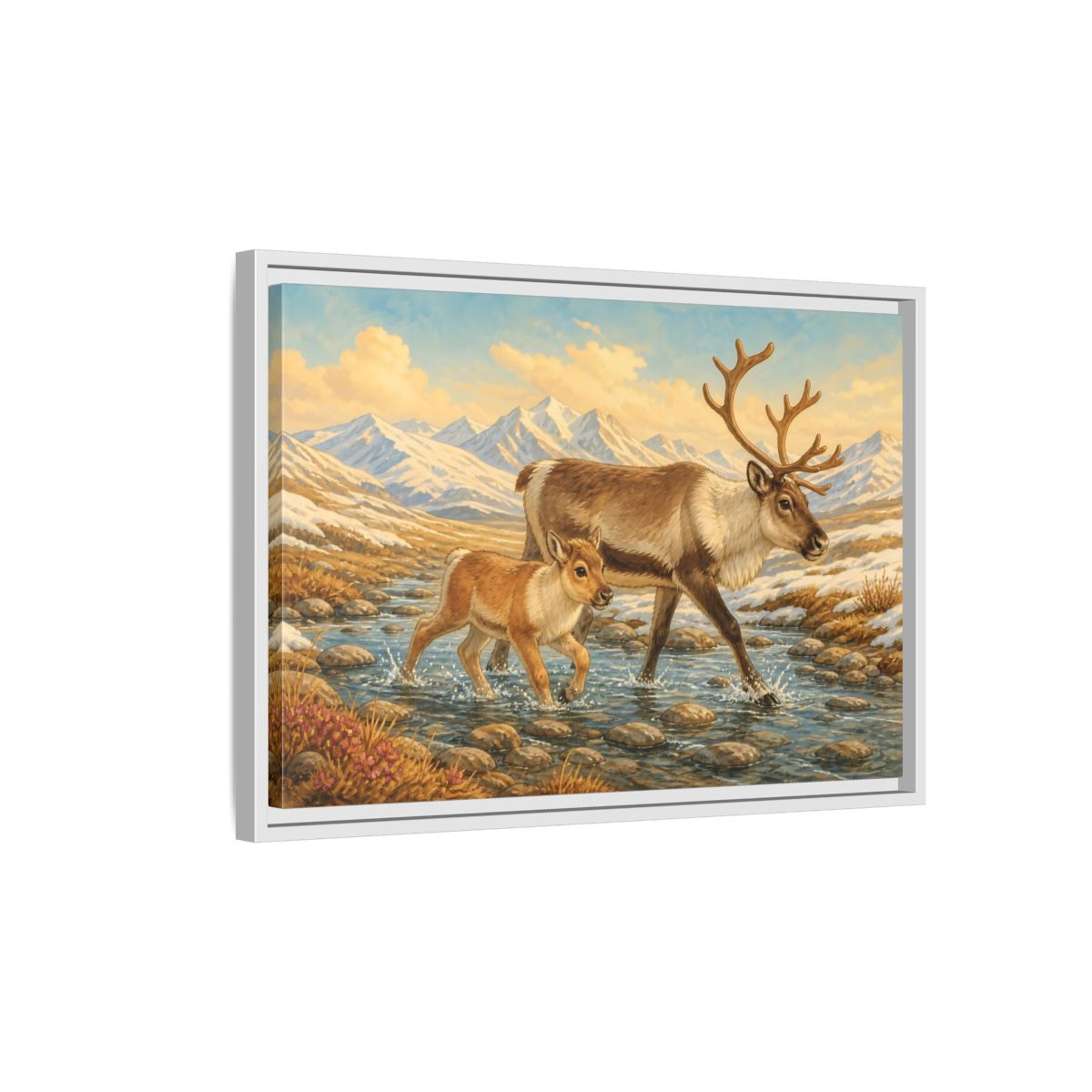 Side Mockup 1. Animals Reindeer Fawn Brown Reindeer shown as stretched canvas wall art