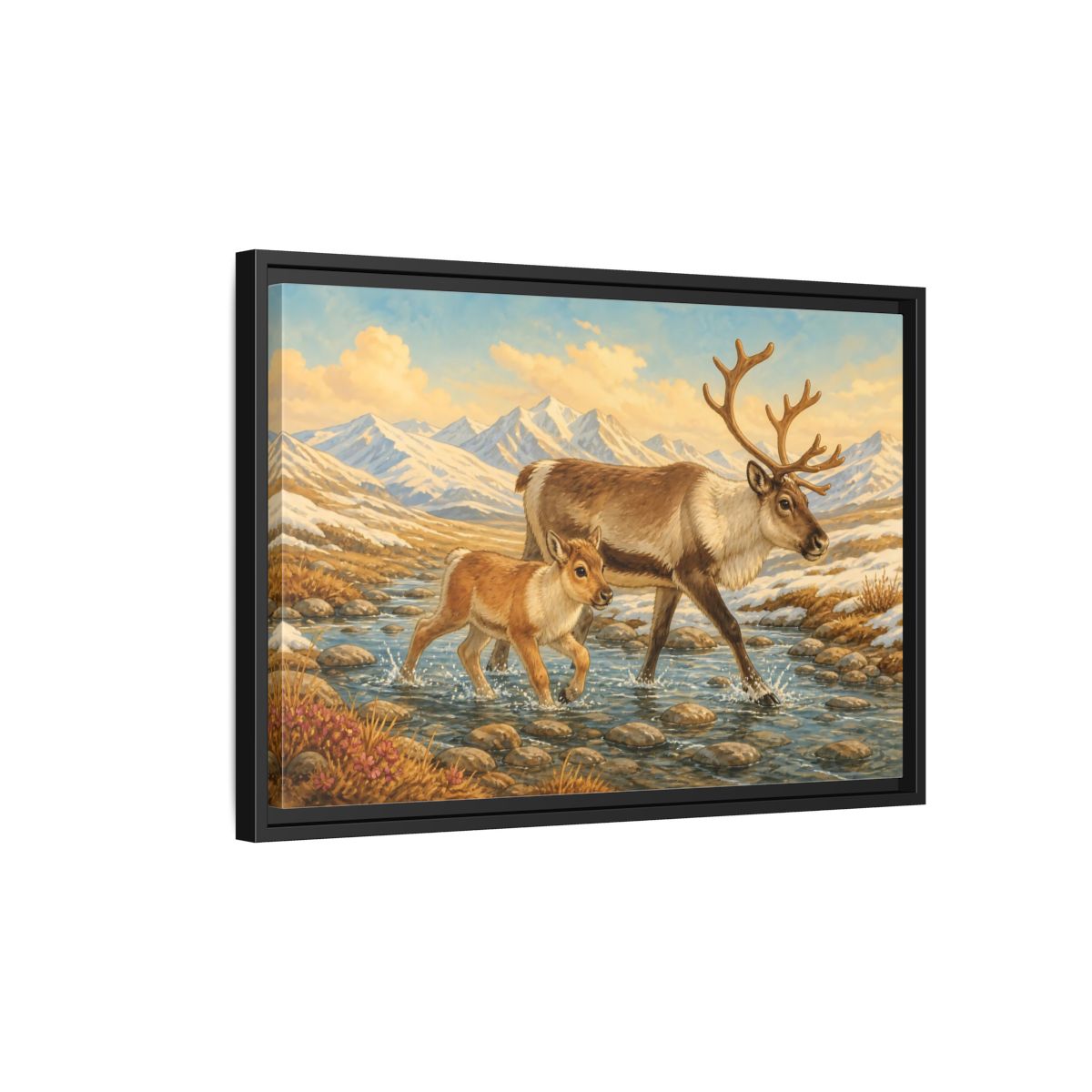 Side Mockup 3. Animals Reindeer Fawn Brown Reindeer shown as stretched canvas wall art