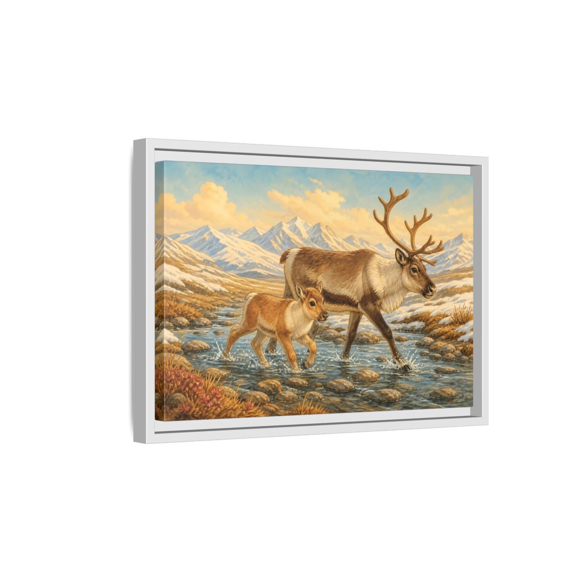 Side Mockup 4. Animals Reindeer Fawn Brown Reindeer shown as stretched canvas wall art