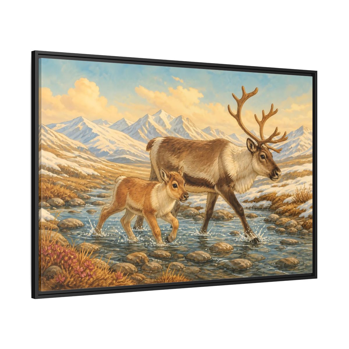 Side Mockup 12. Animals Reindeer Fawn Brown Reindeer shown as stretched canvas wall art