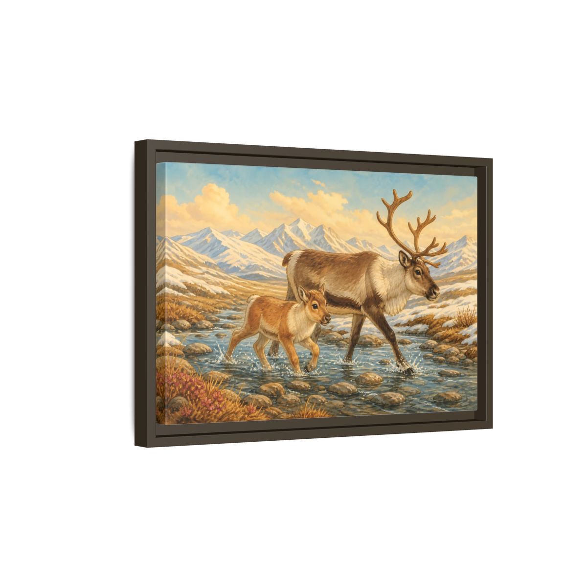 Side Mockup 5. Animals Reindeer Fawn Brown Reindeer shown as stretched canvas wall art