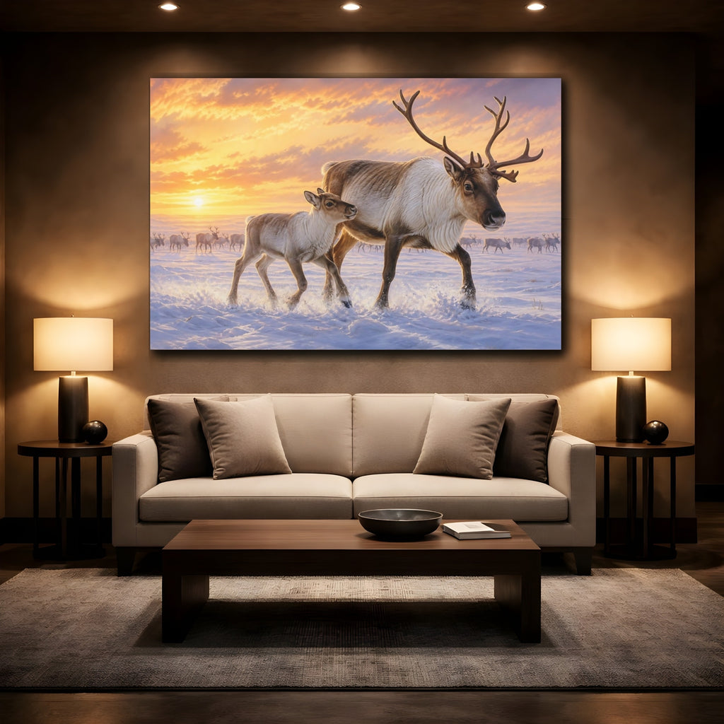 Mockup 2. Animals Reindeer Reindeer Winter Sunset shown as stretched canvas wall art