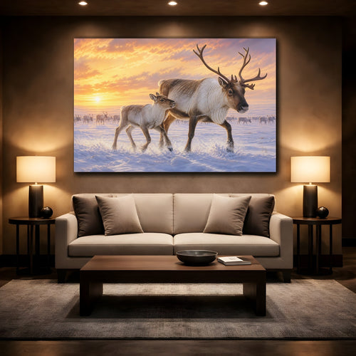 Mockup 2. Animals Reindeer Reindeer Winter Sunset shown as stretched canvas wall art