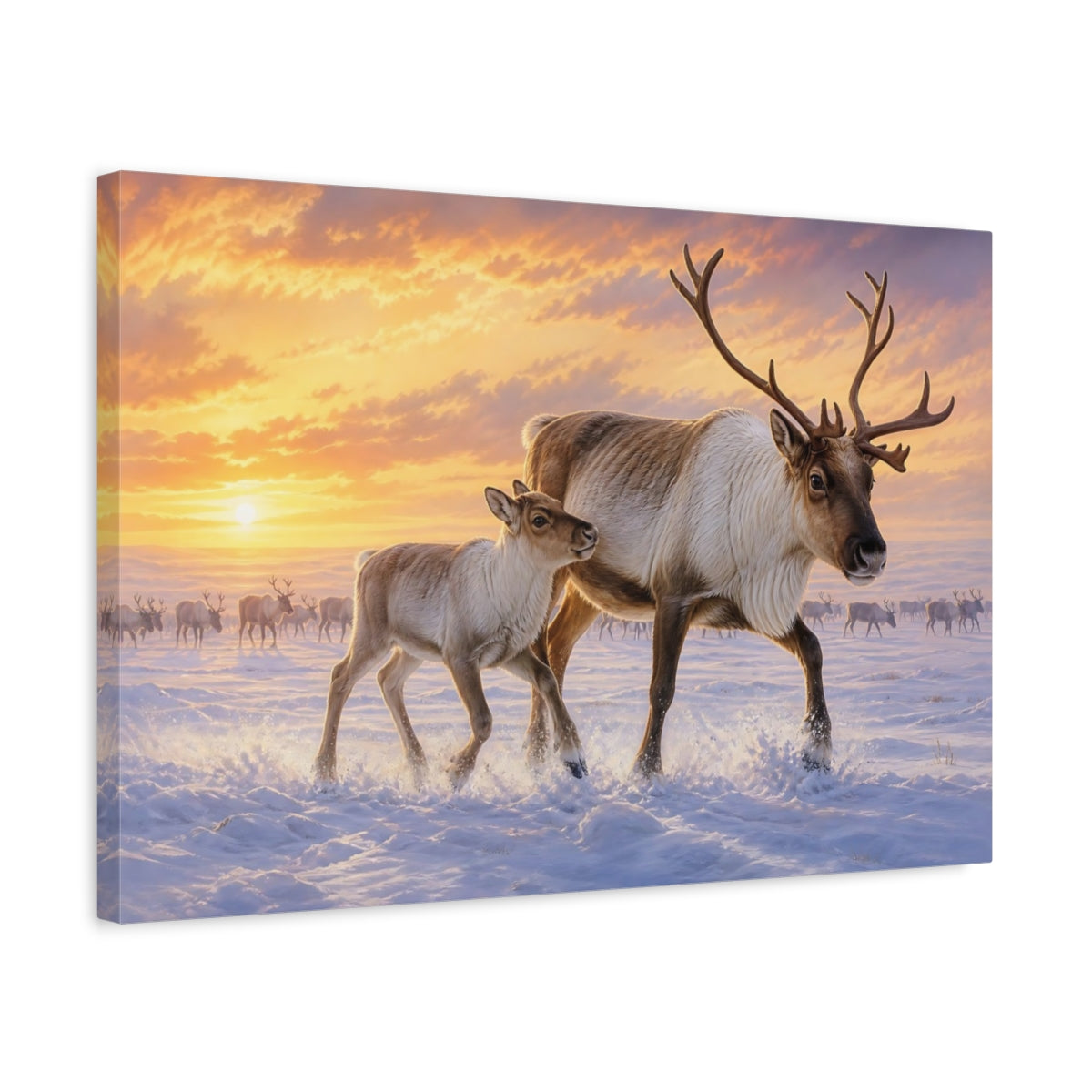 Side Mockup 3. Animals Reindeer Reindeer Winter Sunset shown as stretched canvas wall art