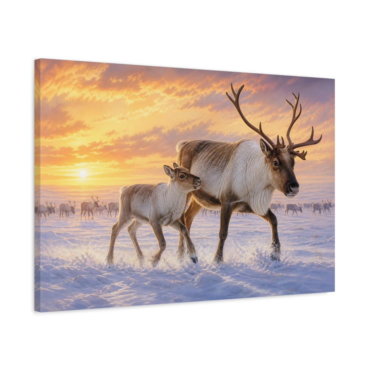Side Mockup 2. Animals Reindeer Reindeer Winter Sunset shown as stretched canvas wall art