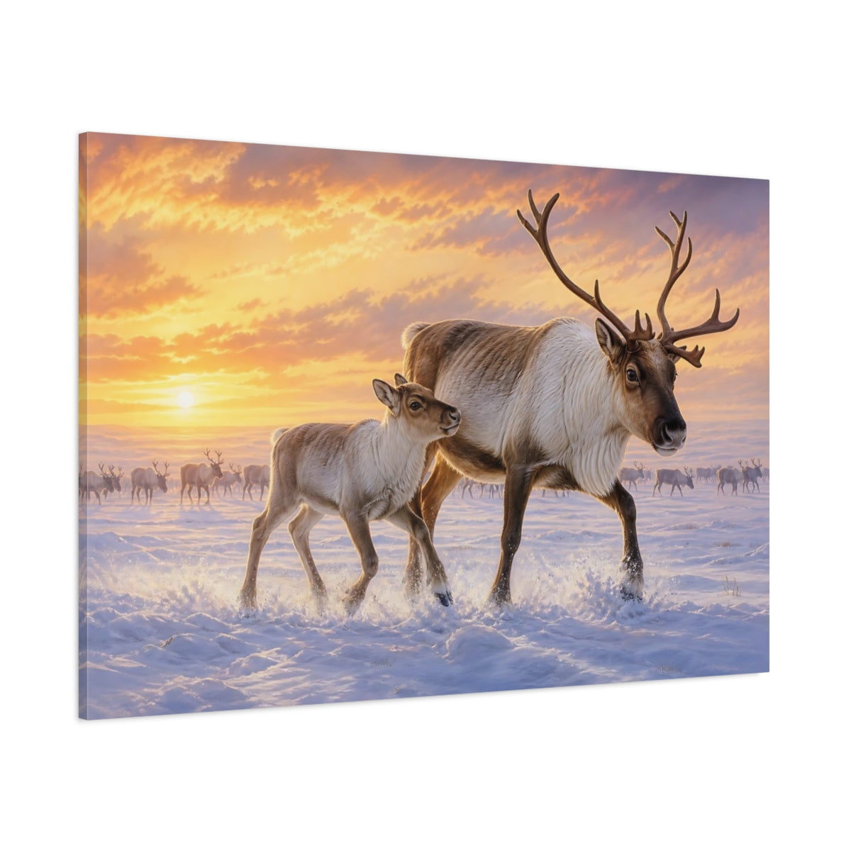Side Mockup 1. Animals Reindeer Reindeer Winter Sunset shown as stretched canvas wall art