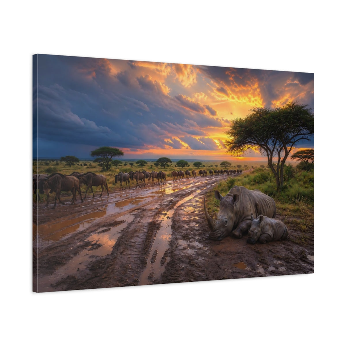 Main Mockup. Animals Rhino Family Orange Sunset Safari shown as stretched canvas wall art