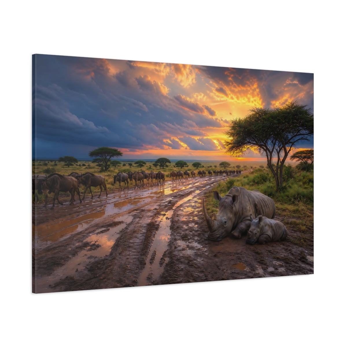 Side Mockup 1. Animals Rhino Family Orange Sunset Safari shown as stretched canvas wall art