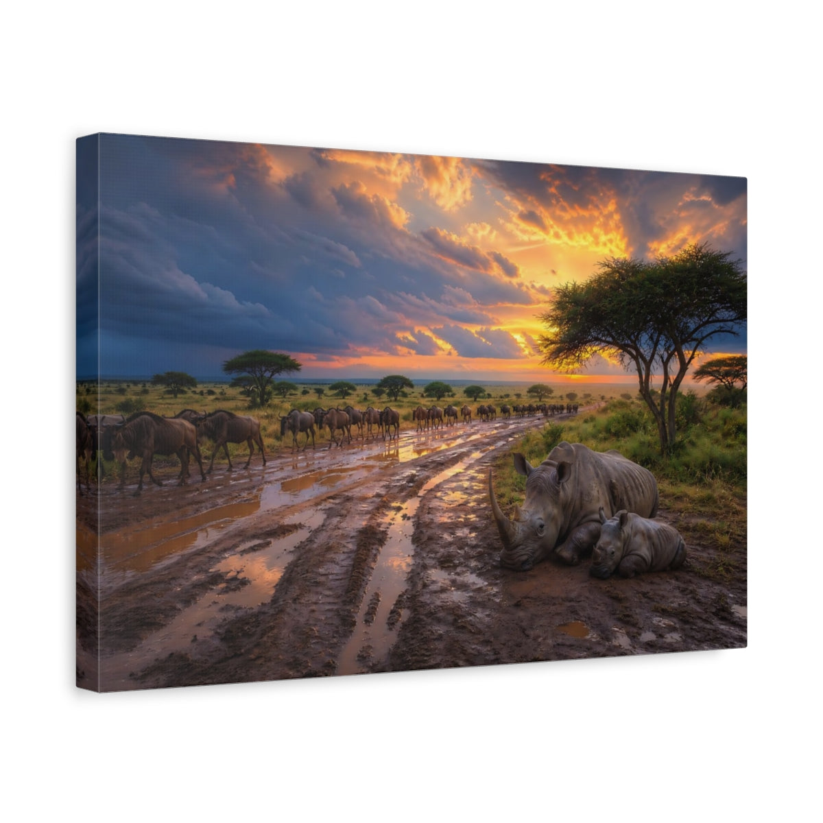Side Mockup 4. Animals Rhino Family Orange Sunset Safari shown as stretched canvas wall art
