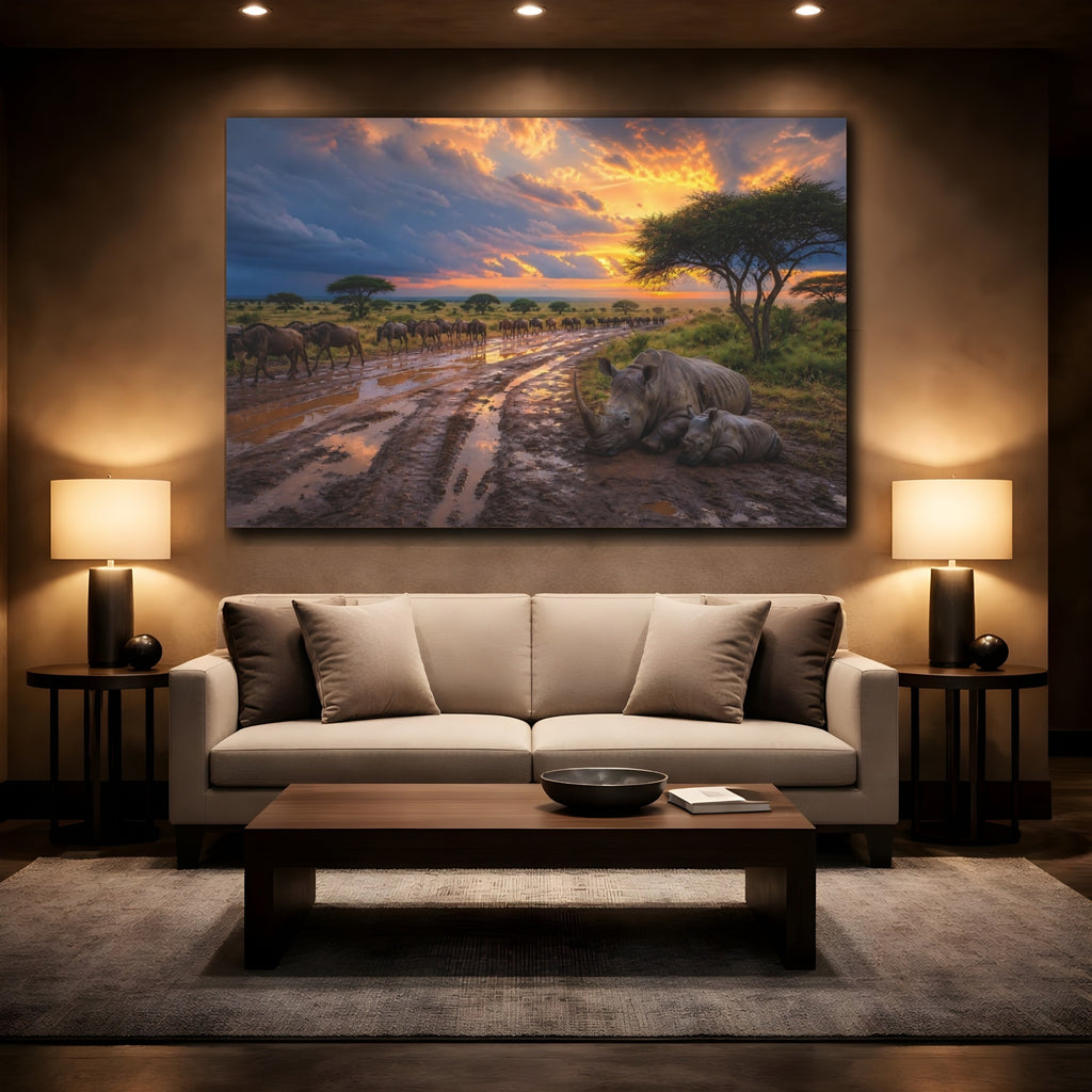 Mockup 2. Animals Rhino Family Orange Sunset Safari shown as stretched canvas wall art