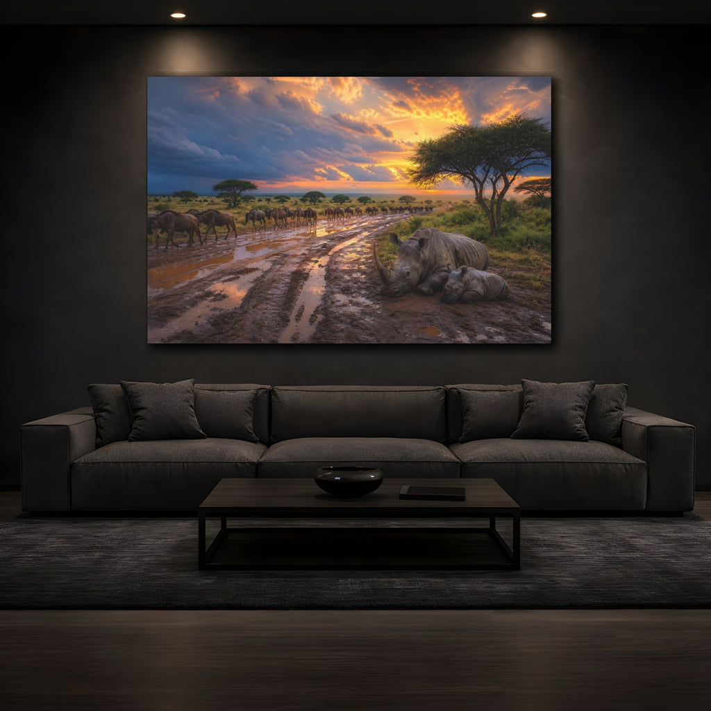 Mockup 3. Animals Rhino Family Orange Sunset Safari shown as stretched canvas wall art