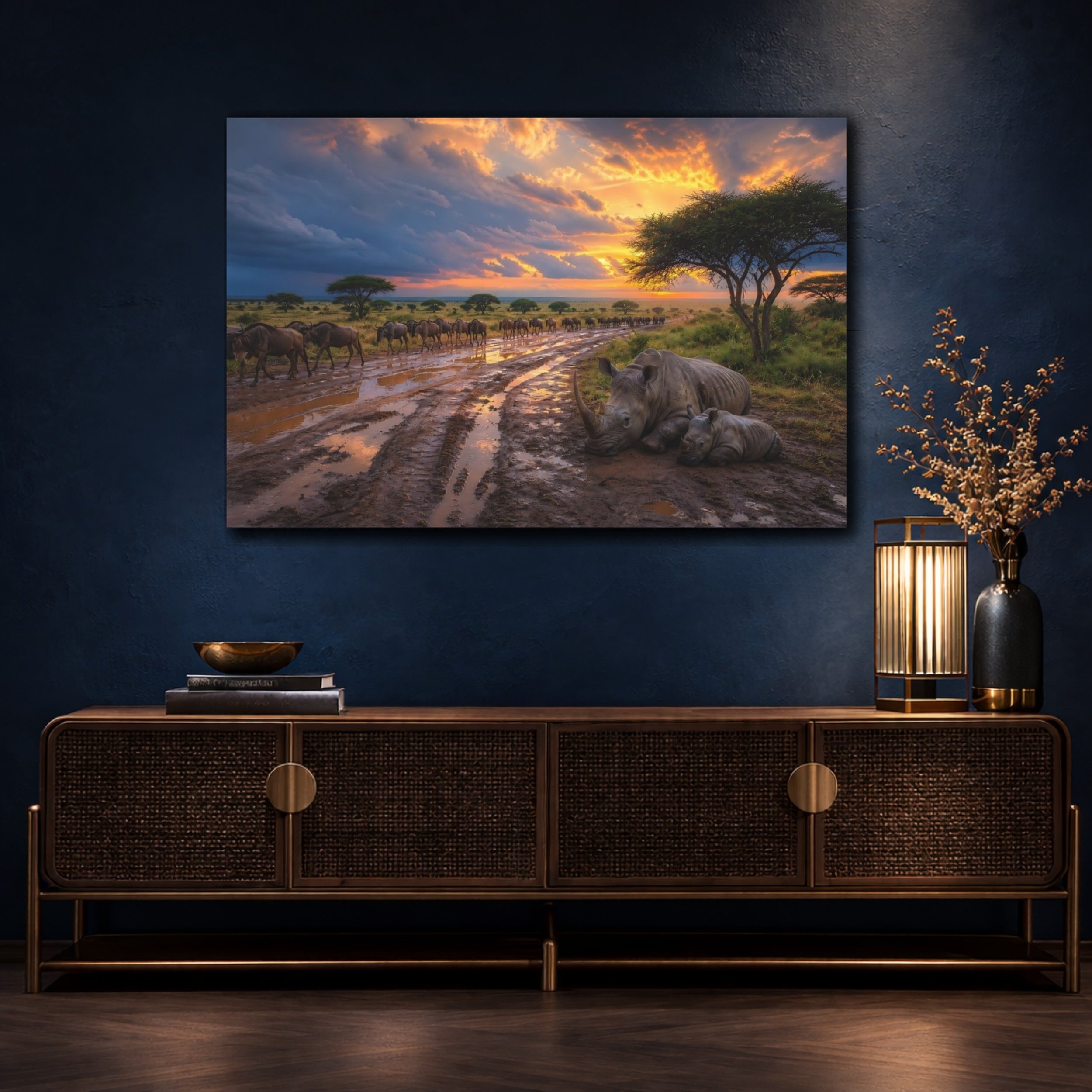 Mockup 4. Animals Rhino Family Orange Sunset Safari shown as stretched canvas wall art