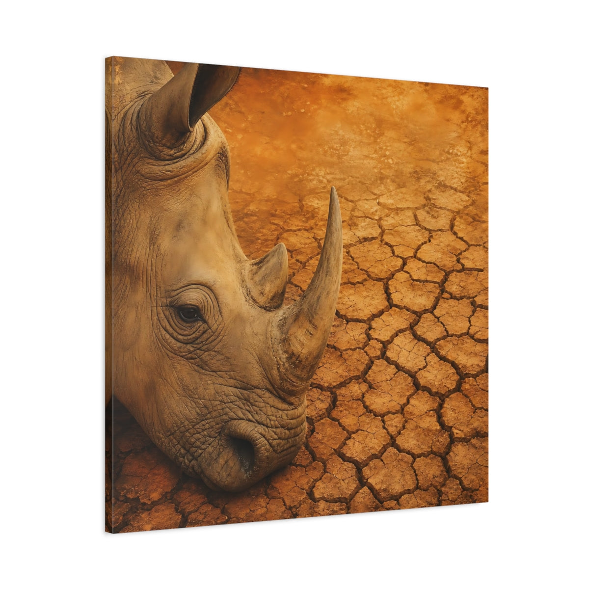 Main Mockup. Animals Rhinoceros Brown Orange Rhino shown as stretched canvas wall art