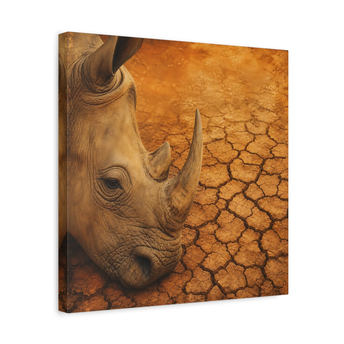 Side Mockup 6. Animals Rhinoceros Brown Orange Rhino shown as stretched canvas wall art
