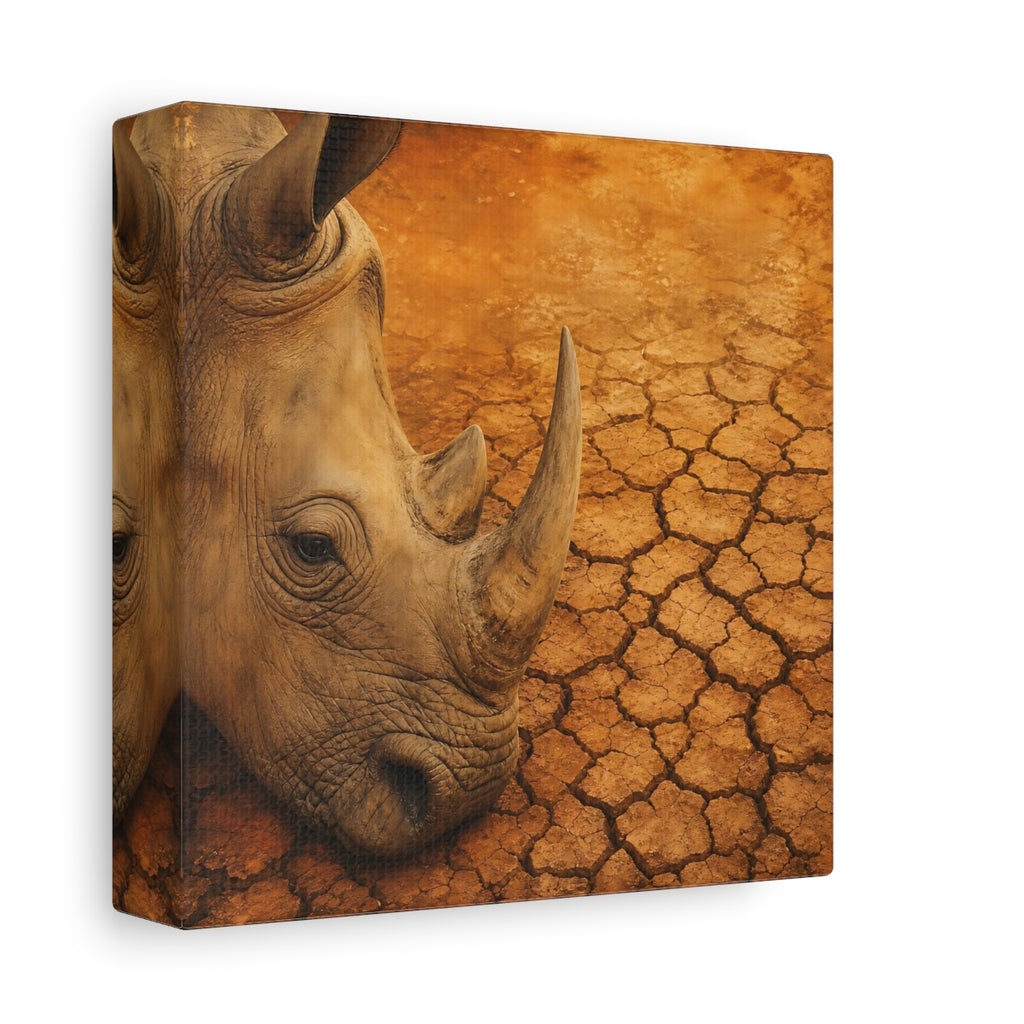 Side Mockup 2. Animals Rhinoceros Brown Orange Rhino shown as stretched canvas wall art