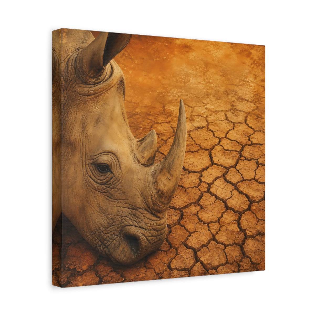 Side Mockup 7. Animals Rhinoceros Brown Orange Rhino shown as stretched canvas wall art