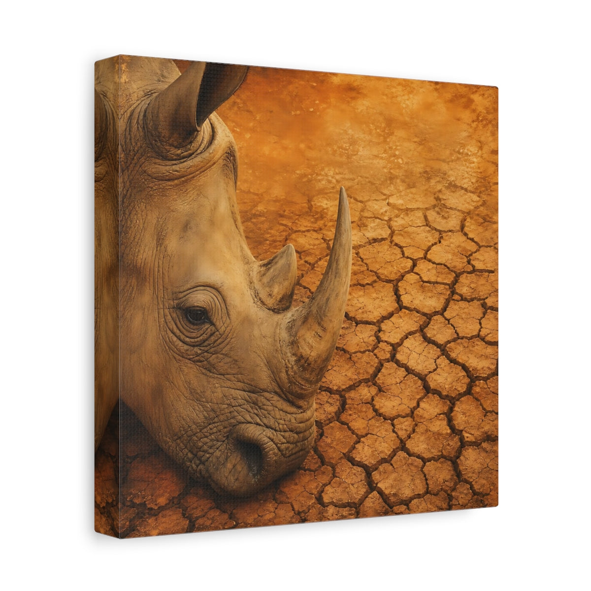 Side Mockup 9. Animals Rhinoceros Brown Orange Rhino shown as stretched canvas wall art