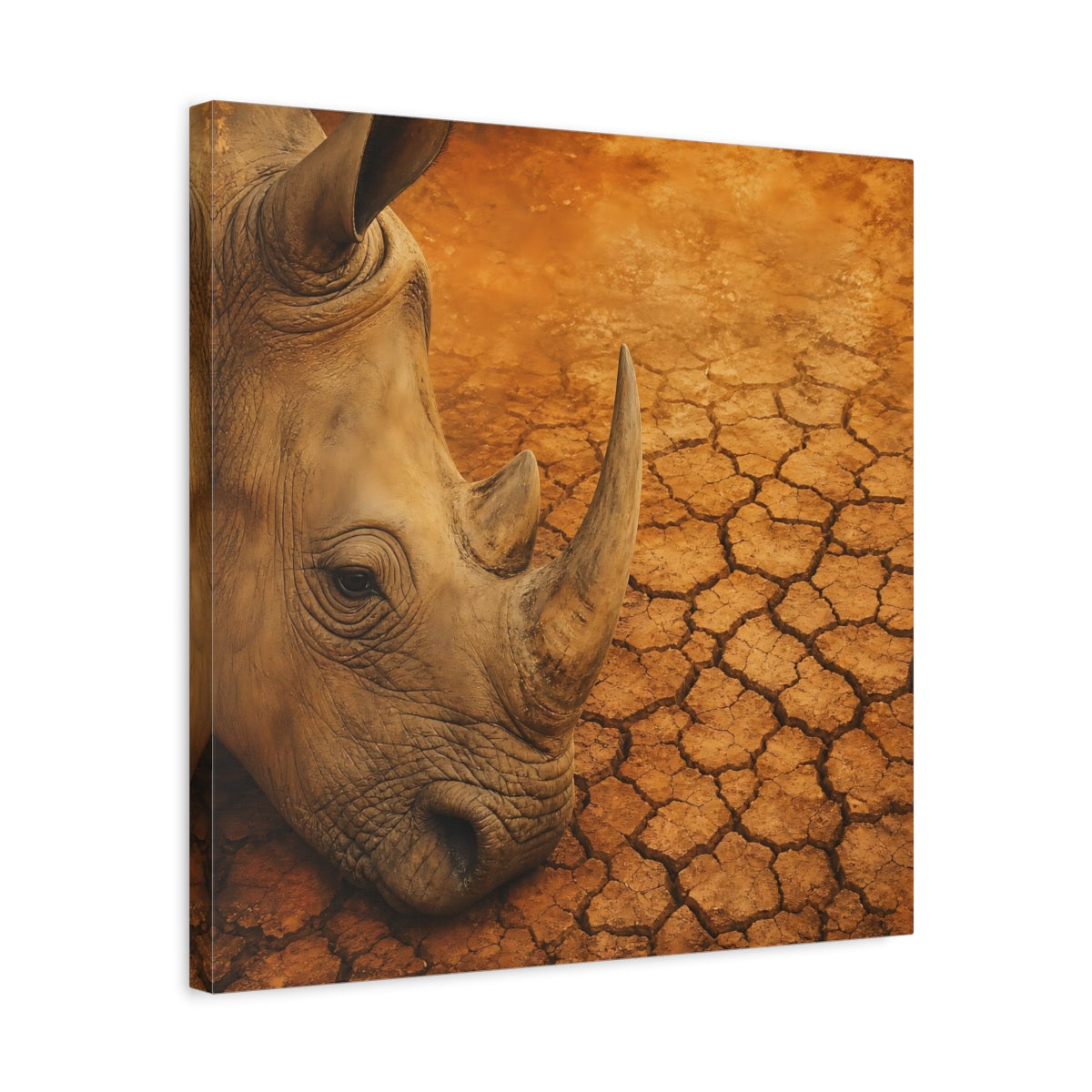 Side Mockup 5. Animals Rhinoceros Brown Orange Rhino shown as stretched canvas wall art