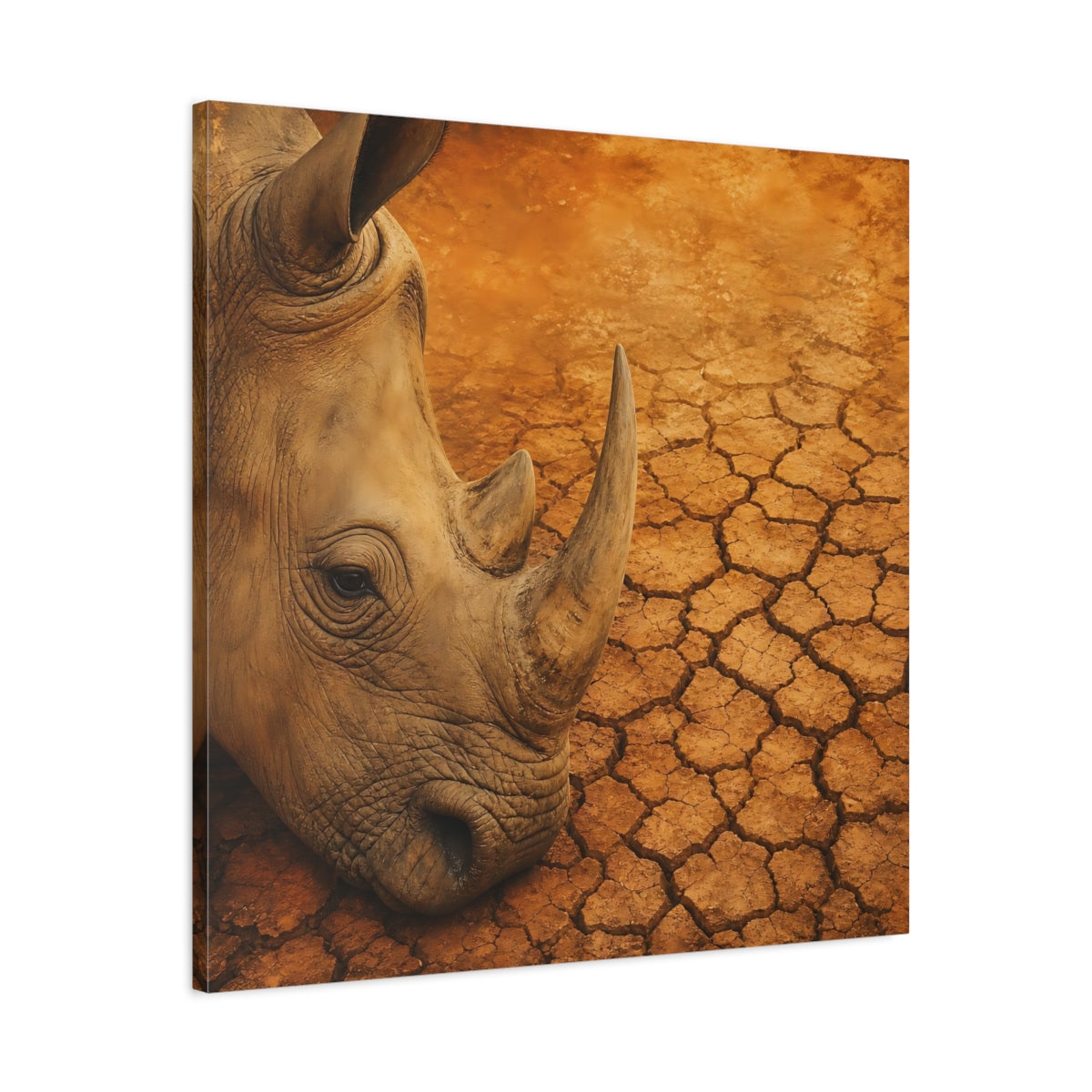 Side Mockup 3. Animals Rhinoceros Brown Orange Rhino shown as stretched canvas wall art