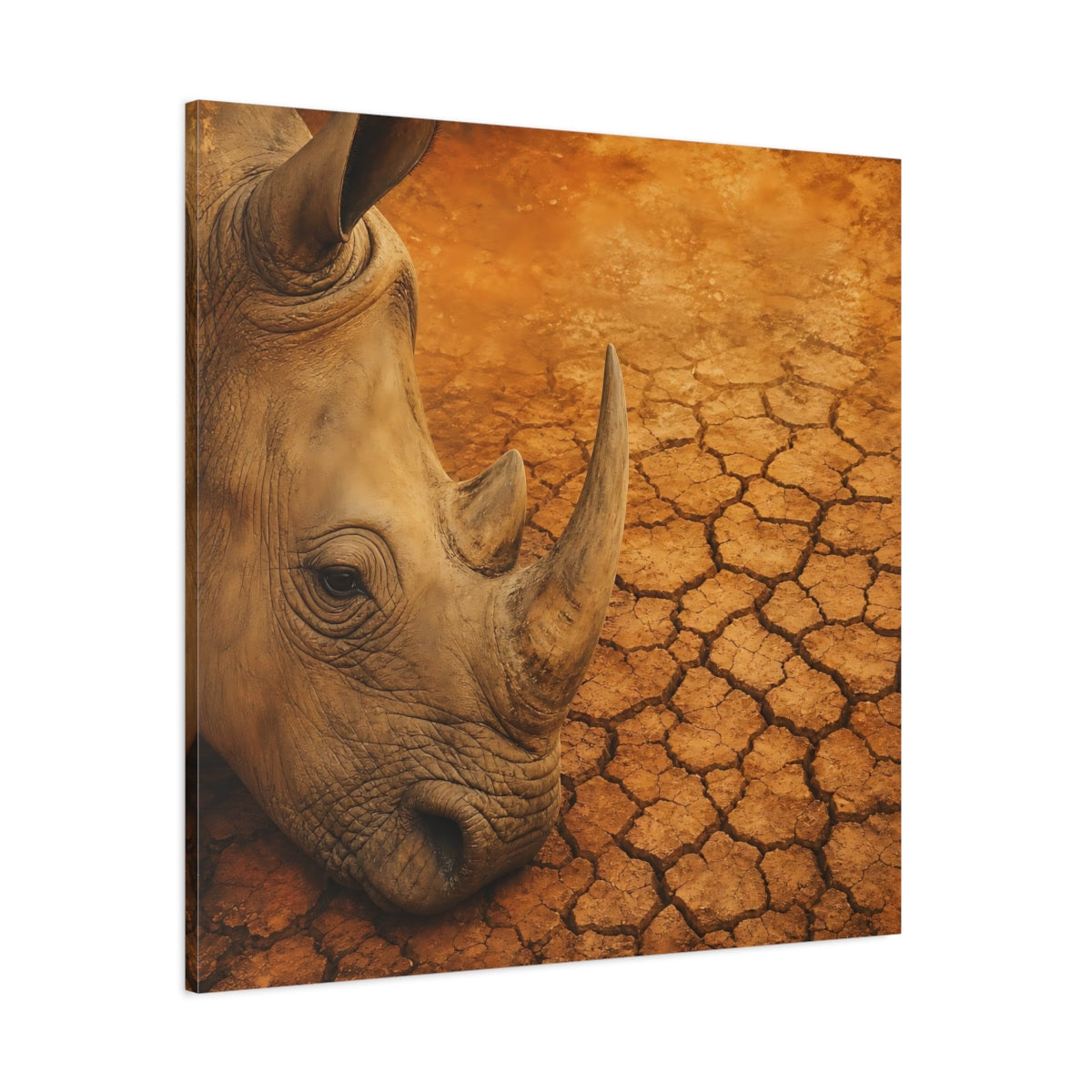 Side Mockup 1. Animals Rhinoceros Brown Orange Rhino shown as stretched canvas wall art