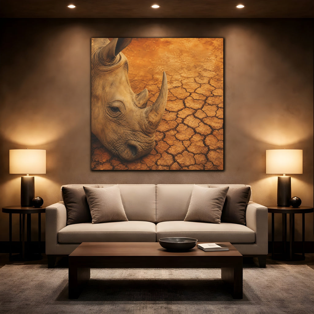 Mockup 2. Animals Rhinoceros Brown Orange Rhino shown as stretched canvas wall art