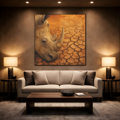Mockup 2. Animals Rhinoceros Brown Orange Rhino shown as stretched canvas wall art