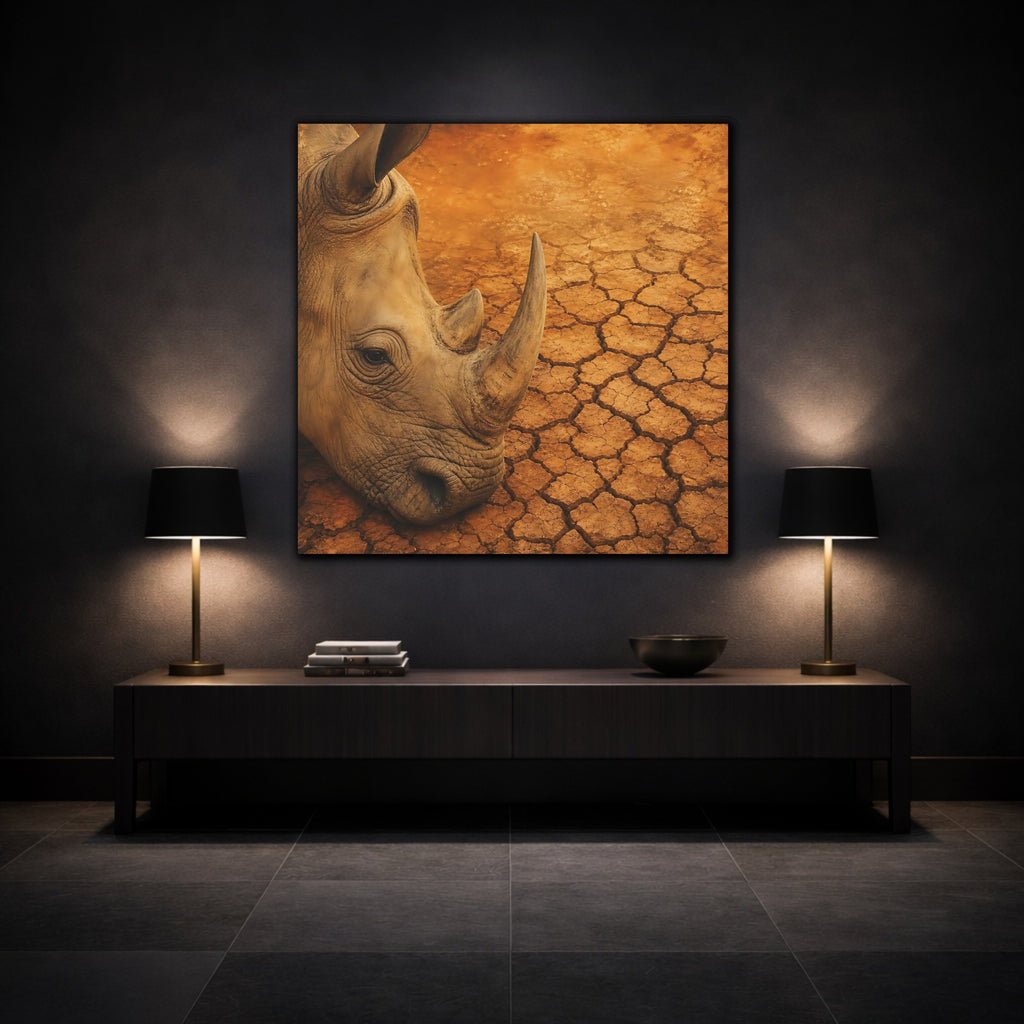 Mockup 3. Animals Rhinoceros Brown Orange Rhino shown as stretched canvas wall art