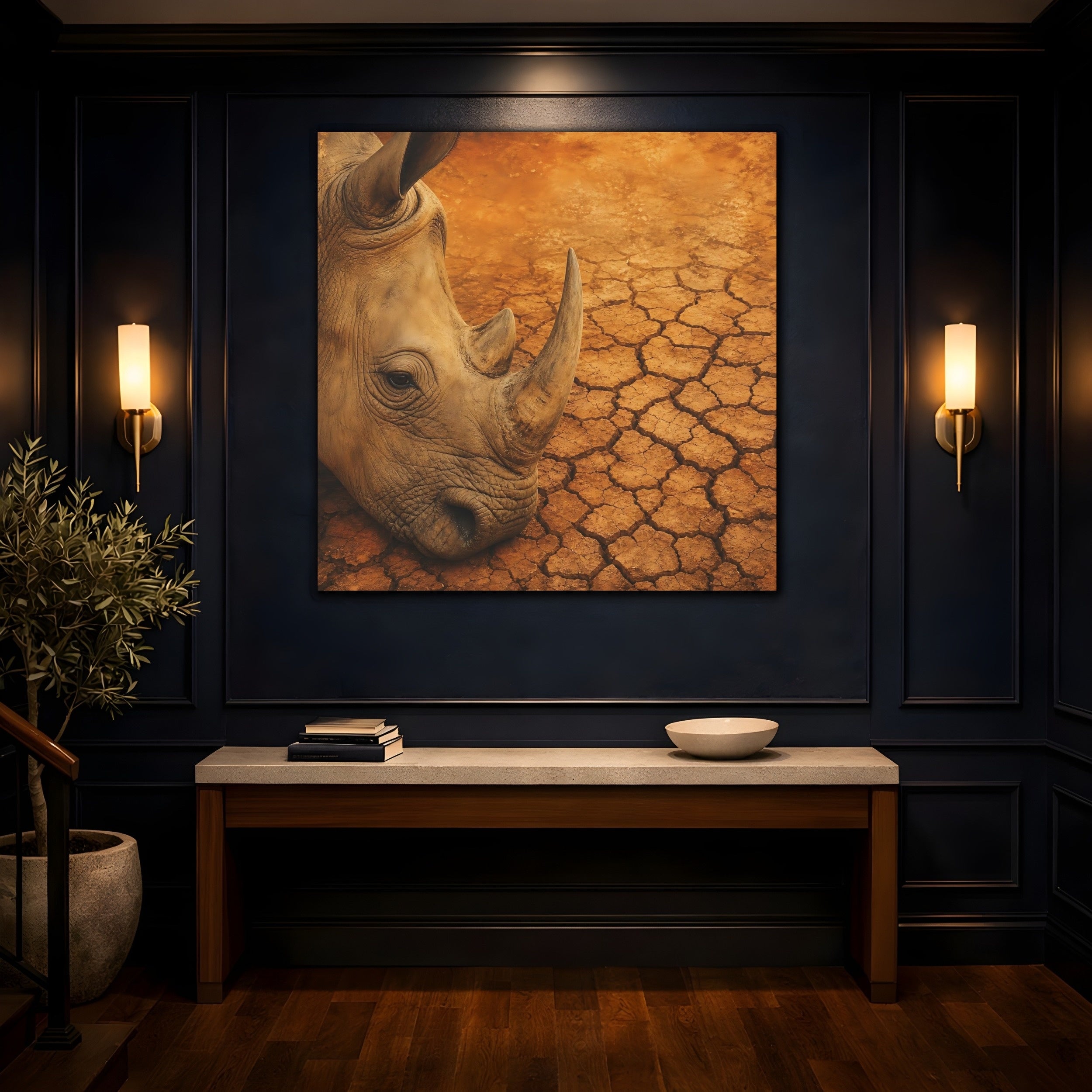 Mockup 4. Animals Rhinoceros Brown Orange Rhino shown as stretched canvas wall art