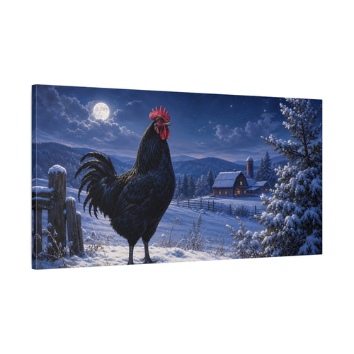 Main Mockup. Animals Rooster Black Rooster Winter shown as stretched canvas wall art