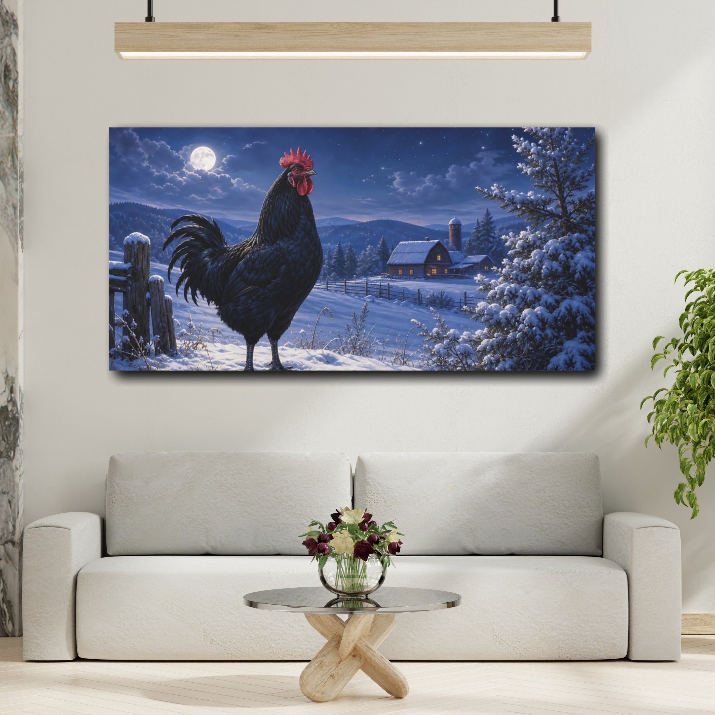 Mockup 2. Animals Rooster Black Rooster Winter shown as stretched canvas wall art