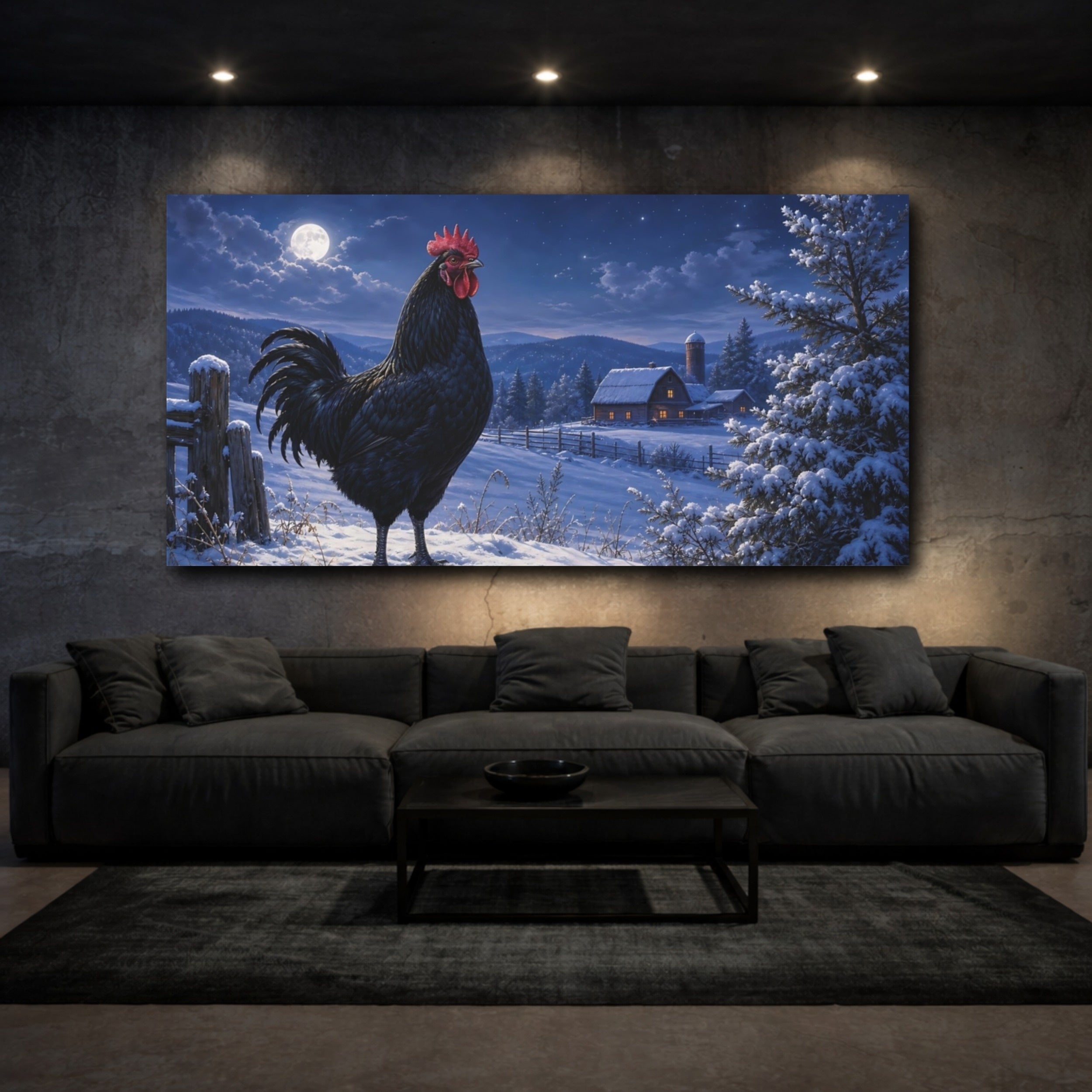Mockup 3. Animals Rooster Black Rooster Winter shown as stretched canvas wall art