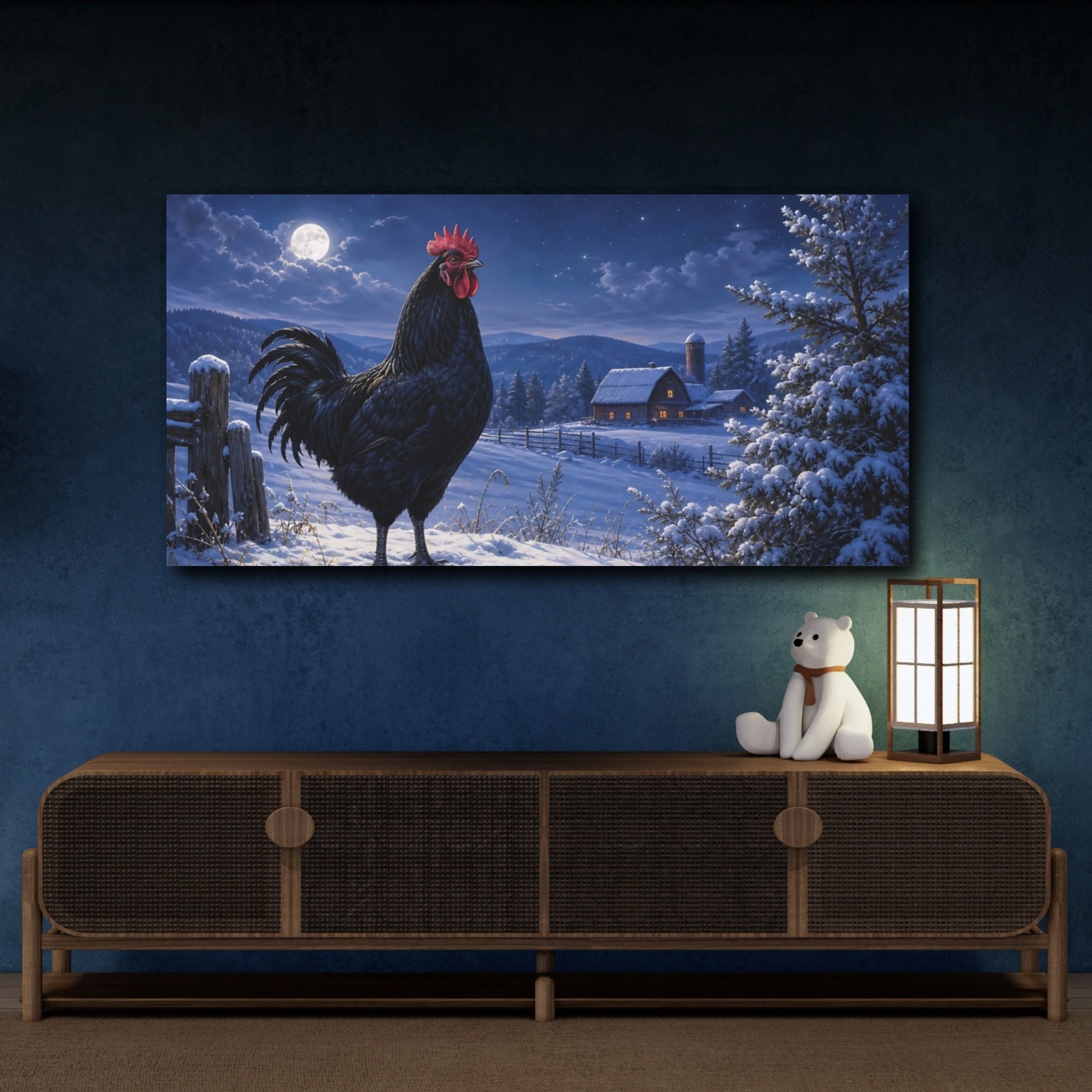 Mockup 4. Animals Rooster Black Rooster Winter shown as stretched canvas wall art