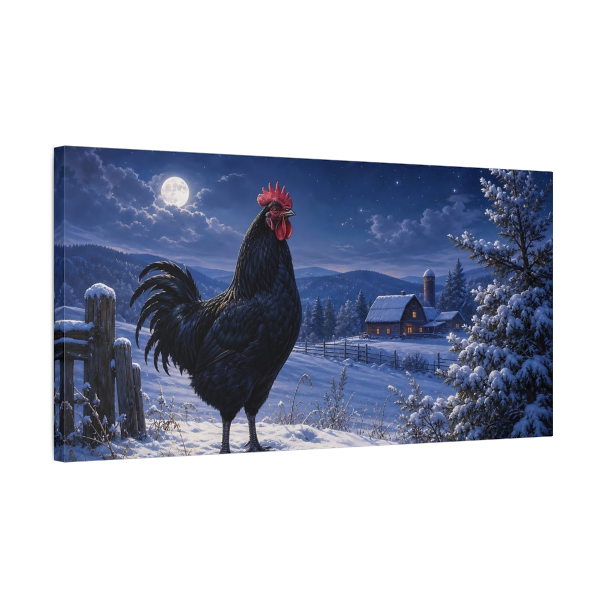 Side Mockup 1. Animals Rooster Black Rooster Winter shown as stretched canvas wall art