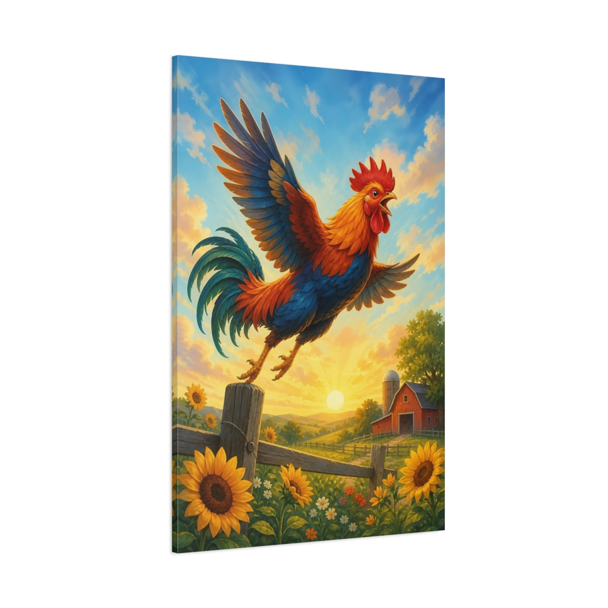 Side Mockup 1. Animals Rooster Colorful Rooster shown as stretched canvas wall art