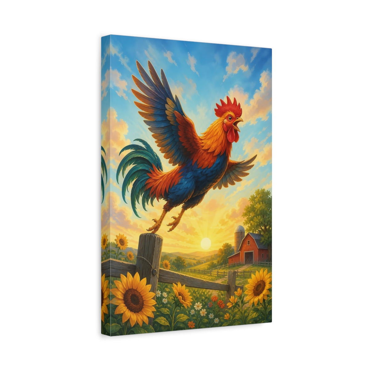 Side Mockup 4. Animals Rooster Colorful Rooster shown as stretched canvas wall art