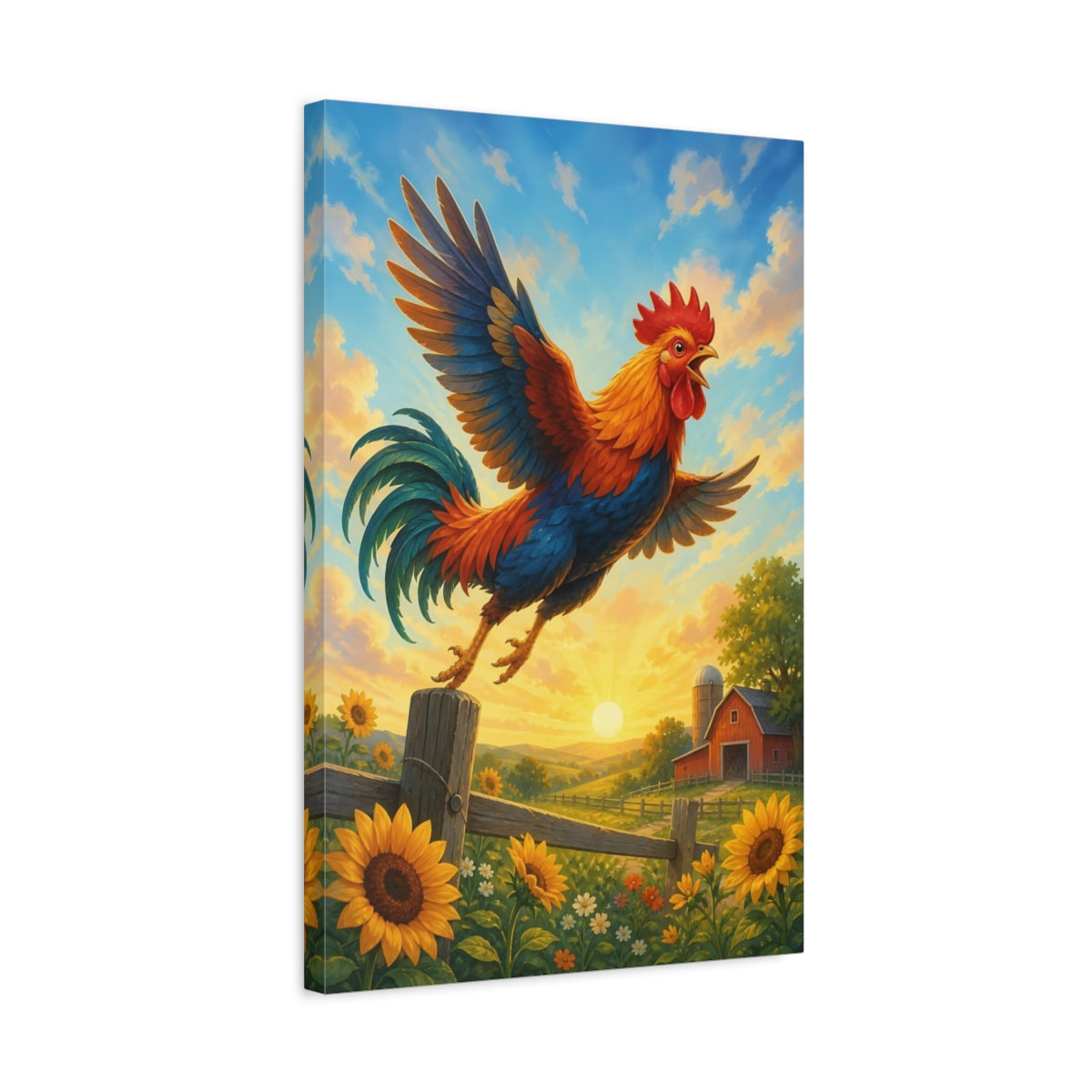 Side Mockup 3. Animals Rooster Colorful Rooster shown as stretched canvas wall art