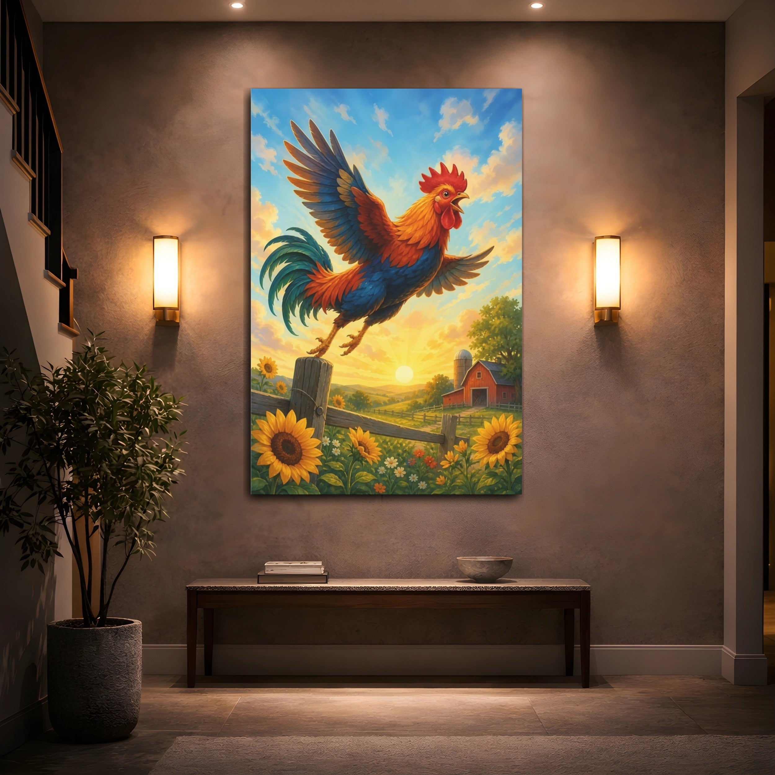 Mockup 2. Animals Rooster Colorful Rooster shown as stretched canvas wall art