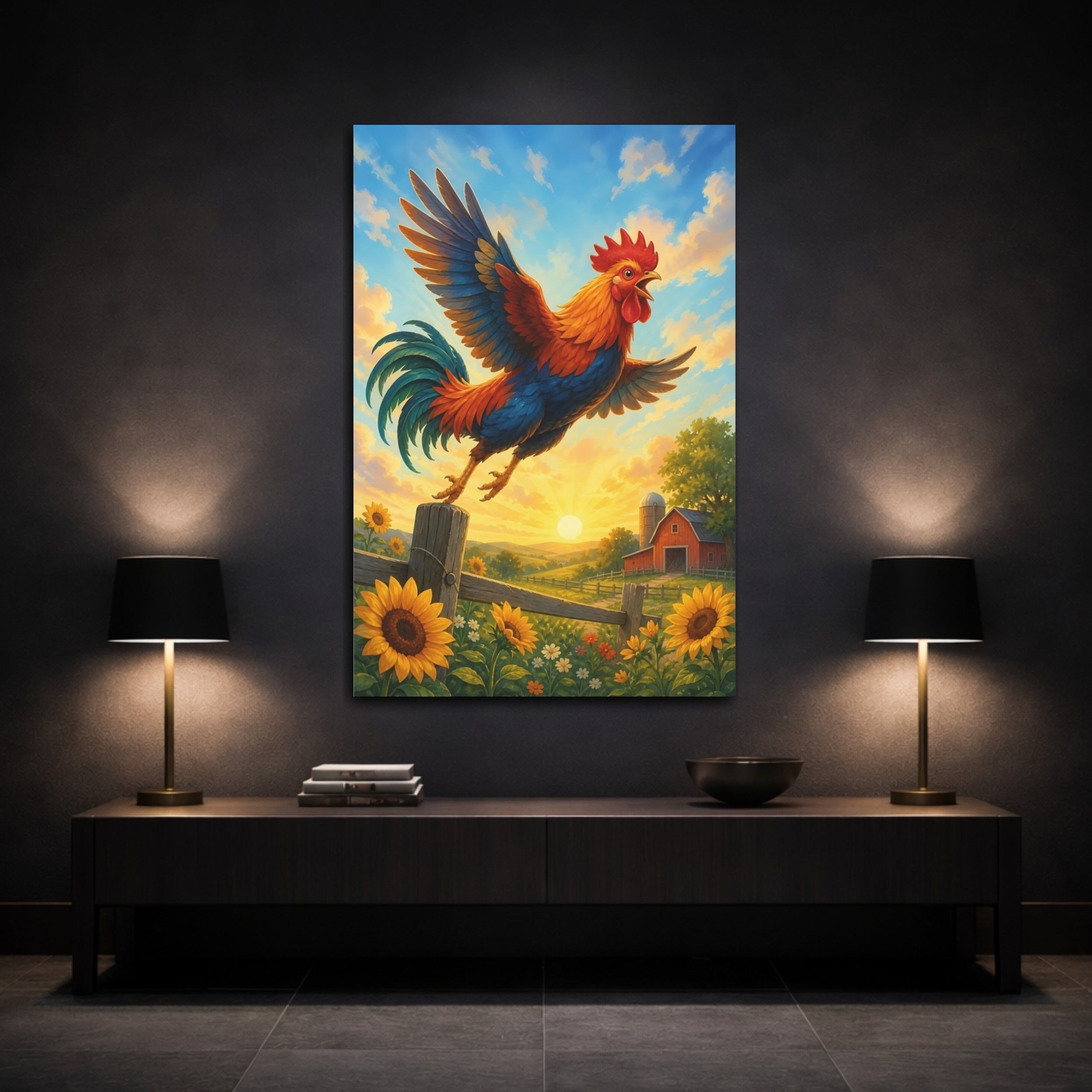 Mockup 3. Animals Rooster Colorful Rooster shown as stretched canvas wall art