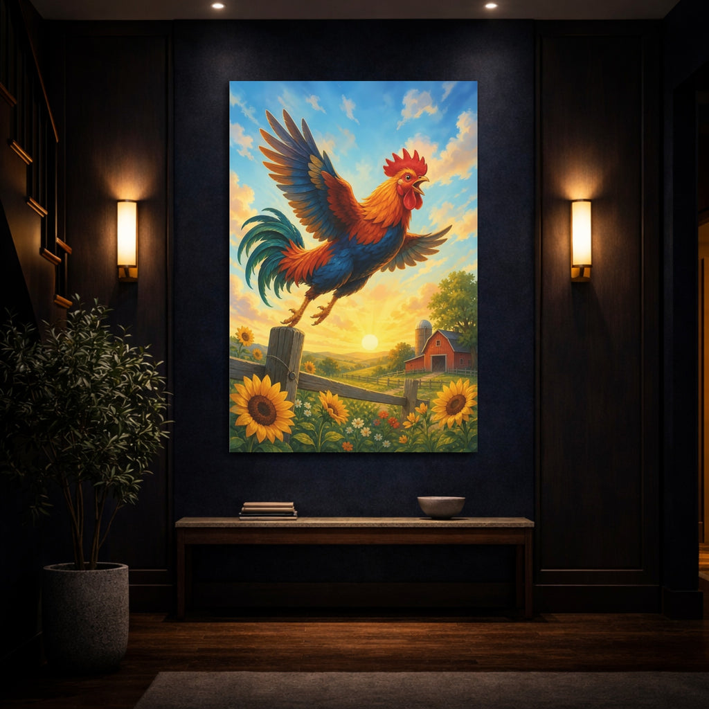 Mockup 4. Animals Rooster Colorful Rooster shown as stretched canvas wall art