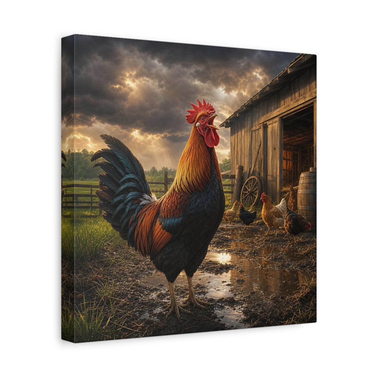 Side Mockup 8. Animals Rooster Rooster Farm shown as stretched canvas wall art