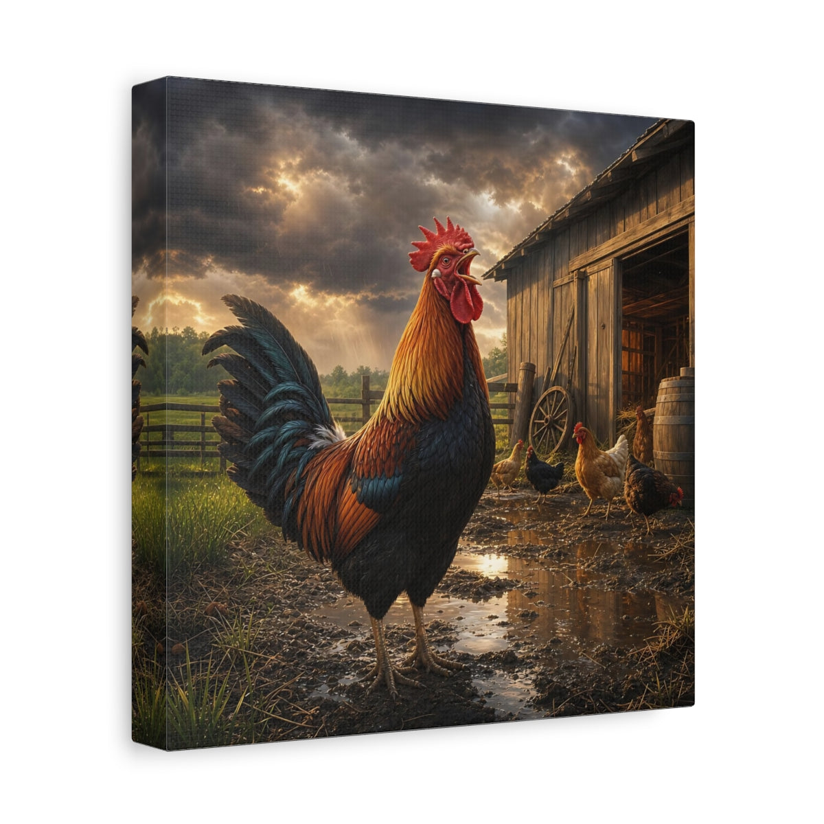Side Mockup 9. Animals Rooster Rooster Farm shown as stretched canvas wall art