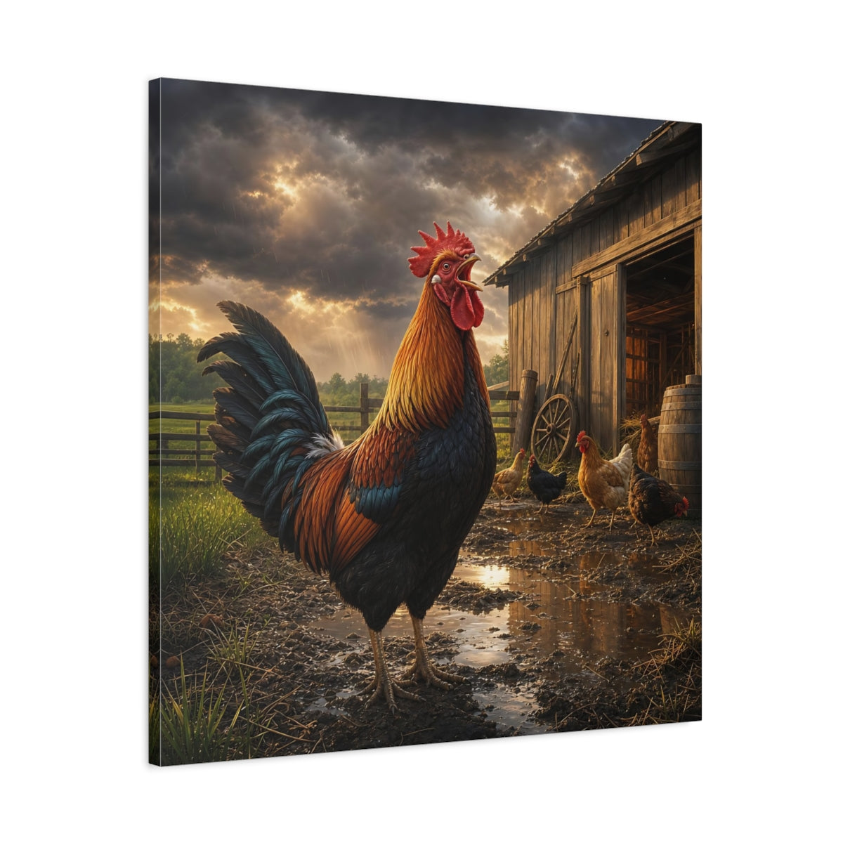 Side Mockup 3. Animals Rooster Rooster Farm shown as stretched canvas wall art